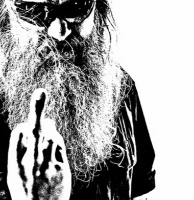 High-contrast black and white photograph of a bearded man in sunglasses raising his middle finger
